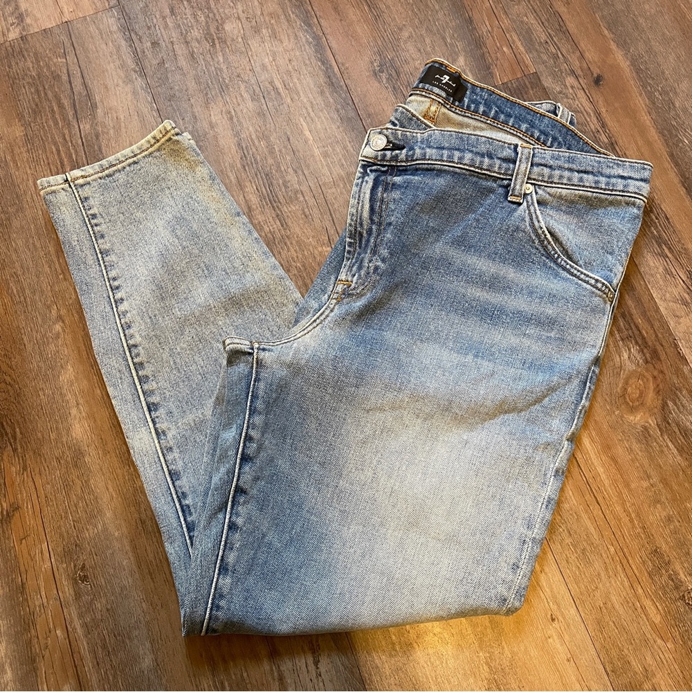 7 For All Mankind Criss Cross Waist Denim Ankle Tapered Jeans Size 32